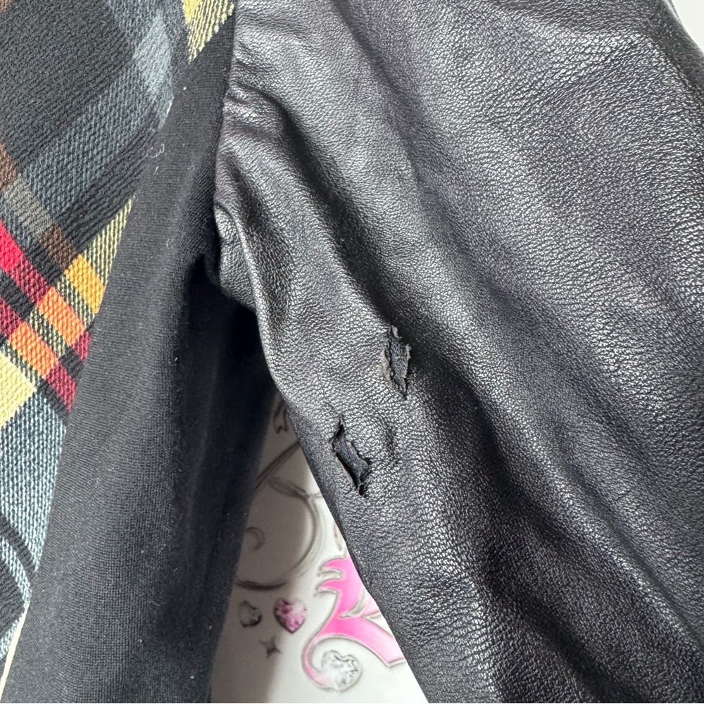 Cartise jacket coat zip up plaid black faux leather sleeves zipper gold hardware - Picture 7 of 9